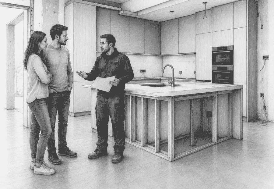 Inżynier HVAC w czarnym ubraniu roboczym omawia projekt instalacji grzewczej z parą inwestorów w nieukończonej kuchni z wyspą.
