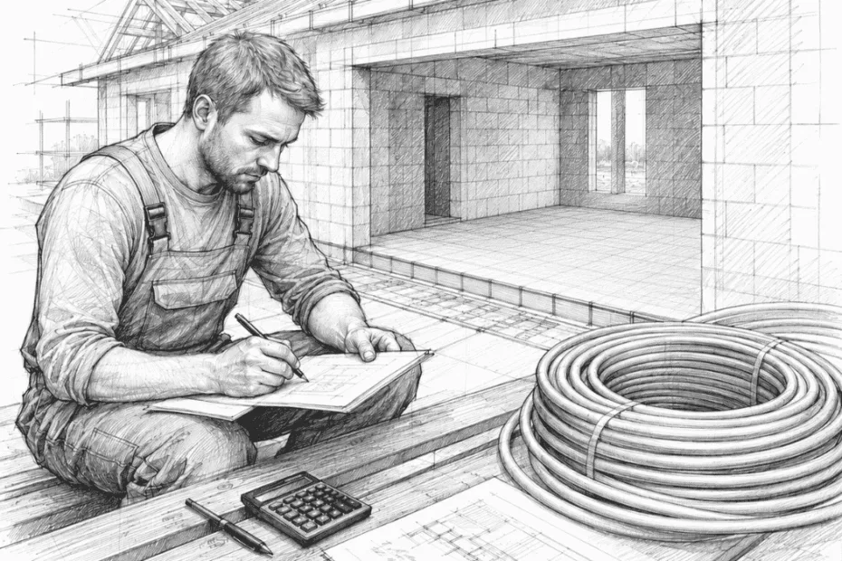 Ile rury na m² ogrzewania podłogowego – architektoniczny szkic domu w budowie. Instalator siedzi na deskach budowlanych i oblicza długość rur do ogrzewania podłogowego przy użyciu kalkulatora, projektu i notatek. Techniczna ilustracja wykonana ołówkiem w stylu blueprintu.