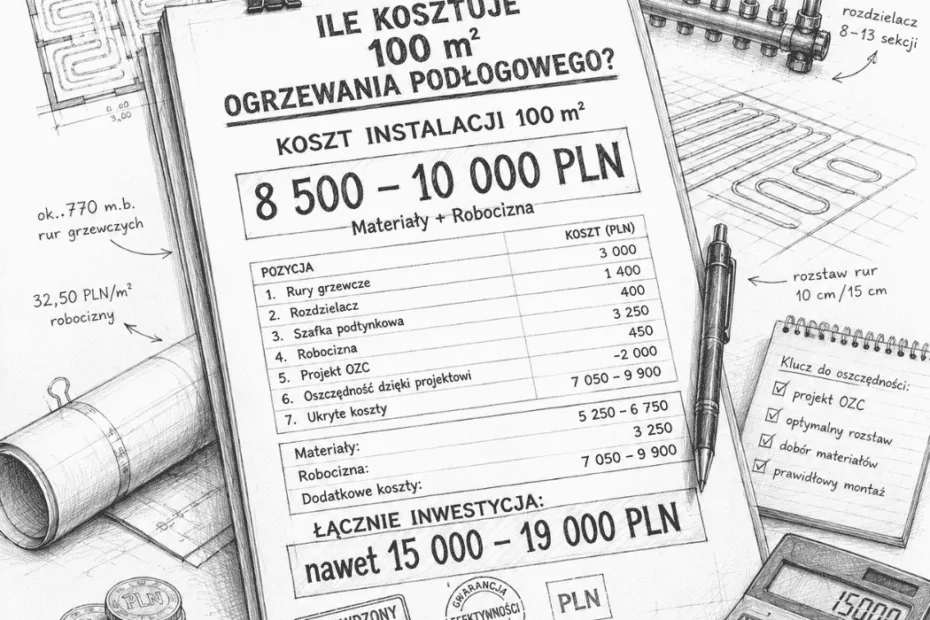 Ile kosztuje 100 m² ogrzewania podłogowego – techniczny szkic architektoniczny przedstawiający kosztorys instalacji ogrzewania podłogowego, koszty materiałów, robocizny, projektu OZC oraz całkowity koszt wykonania podłogówki w domu jednorodzinnym.