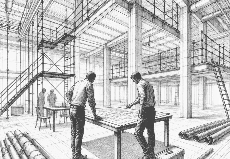 Jak gęsto rozkładać ogrzewanie podłogowe – architektoniczny szkic techniczny przedstawiający projektowanie instalacji ogrzewania podłogowego w nowoczesnym budynku.