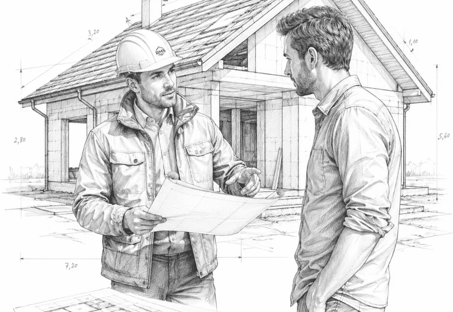 Szkic techniczny ołówkiem przedstawiający inżyniera w kasku pokazującego plany budowlane inwestorowi przed domem w stanie surowym. Na pierwszym planie miarka, zwinięte plany i ołówek.