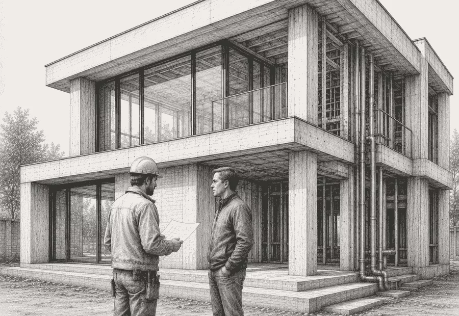 Szkic inżynierski przedstawiający konsultację wykonawcy z inwestorem na placu budowy nowoczesnego domu parterowego z piętrem. Na pierwszym planie widoczny jest projekt instalacji, a na bocznej elewacji budynku precyzyjnie naszkicowano piony hydrauliczne, nawiązujące bezpośrednio do obliczeń technicznych tego, ile wody mieści się w 1 metrze rury PEX / PERT 16.