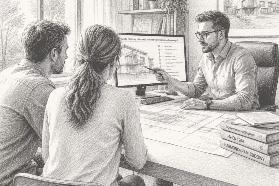 Kiedy najlepiej planować montaż ogrzewania podłogowego w nowym domu – architekt omawia z inwestorami projekt domu, harmonogram budowy oraz plan instalacji ogrzewania podłogowego podczas spotkania w biurze projektowym.