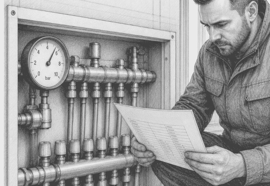 Techniczny rysunek przedstawiający inżyniera HVAC w trakcie procedury, którą jest próba szczelności ogrzewania podłogowego, monitorującego manometr wskazujący ciśnienie 6 bar na rozdzielaczu z pętlami grzewczymi.