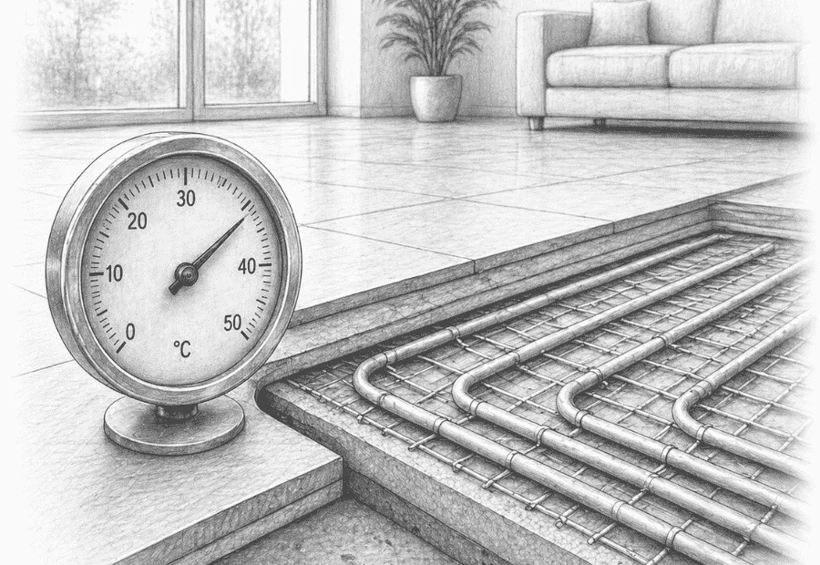 Szkic techniczny przedstawiający przekrój warstw podłogi z rurami ogrzewania podłogowego oraz termometrem wskazującym optymalną temperaturę zasilania 35°C