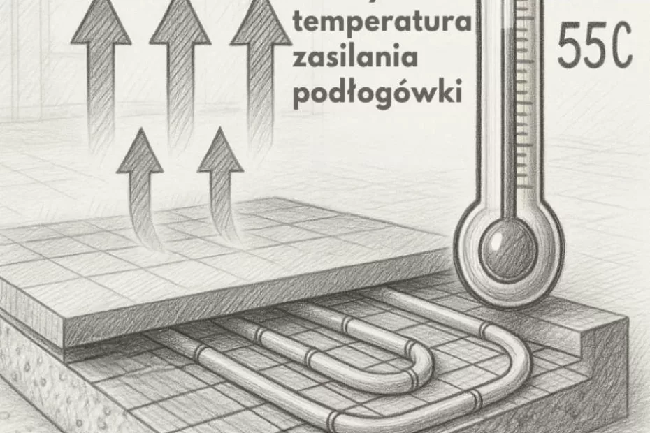 Schemat przekroju podłogi z ogrzewaniem podłogowym. Widoczne rury grzewcze zatopione w wylewce betonowej, strzałki pokazujące kierunek przepływu ciepła i termometr z podpisem ‘maksymalna temperatura zasilania podłogówki 55 C’. Czarno-biały rysunek techniczny ołówkiem, styl budowlany.