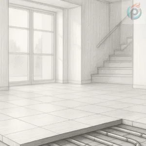 Przekrój podłogi z widoczną instalacją ogrzewania podłogowego w nowoczesnym wnętrzu domu – ilustracja wspierająca temat: czy pod ogrzewanie podłogowe nadają się panele, czy tylko płytki.