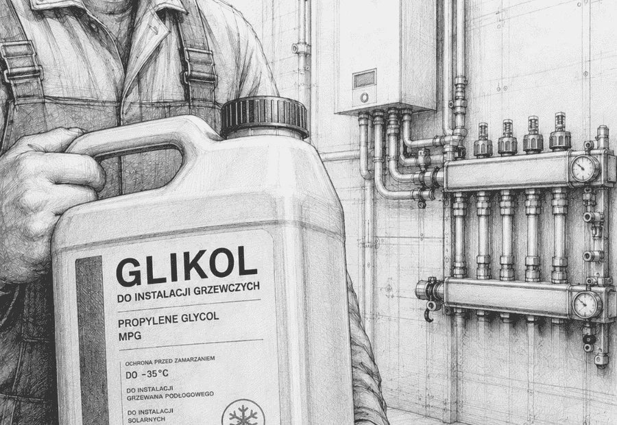 Rysunek techniczny przedstawiający instalatora trzymającego glikol propylenowy MPG przeznaczony do instalacji ogrzewania podłogowego na tle rozdzielacza z rotametrami i kotła gazowego.