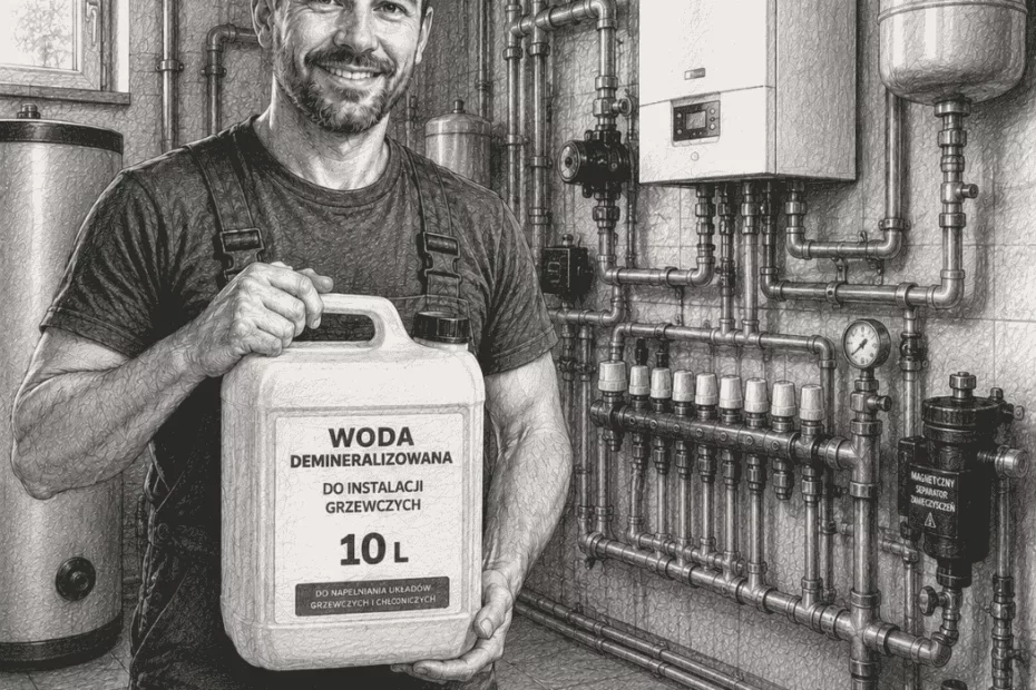 Instalator w kotłowni trzyma 10-litrowy pojemnik z wodą demineralizowaną do ogrzewania podłogowego, przygotowując instalację centralnego ogrzewania do bezpiecznego napełnienia zgodnie z wymaganiami nowoczesnych systemów grzewczych.