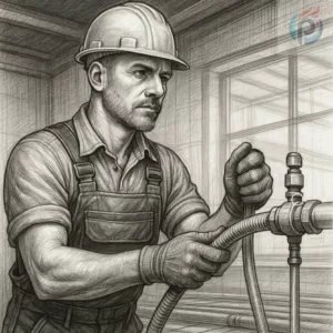Instalator napełniający układ ogrzewania podłogowego wodą demineralizowaną – czarno-biały techniczny szkic ołówkiem w stylu architektonicznym.