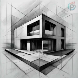 Nowoczesny dom jednorodzinny z dużymi przeszkleniami i minimalistyczną bryłą – ilustracja przedstawiająca budynek, w którym można zastosować ogrzewanie podłogowe, zarówno wodne, jak i elektryczne.