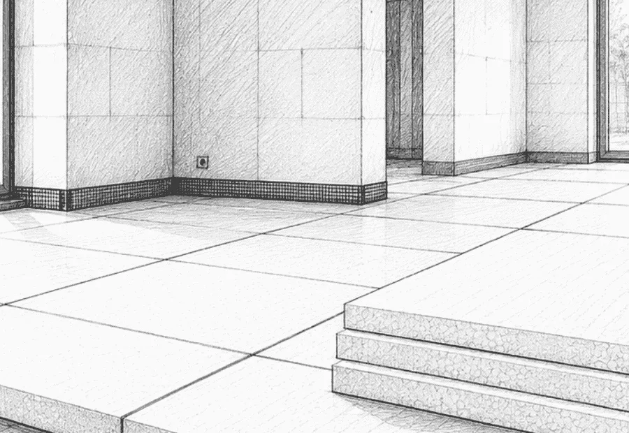 Architektoniczny szkic techniczny przedstawiający styropian EPS 100 rozłożony pod ogrzewanie podłogowe w nowo budowanym domu jednorodzinnym.
