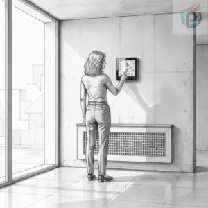 Kobieta obsługuje ścienny sterownik temperatury w nowoczesnym wnętrzu, przedstawiając praktyczne zastosowanie sterowników do ogrzewania podłogowego.