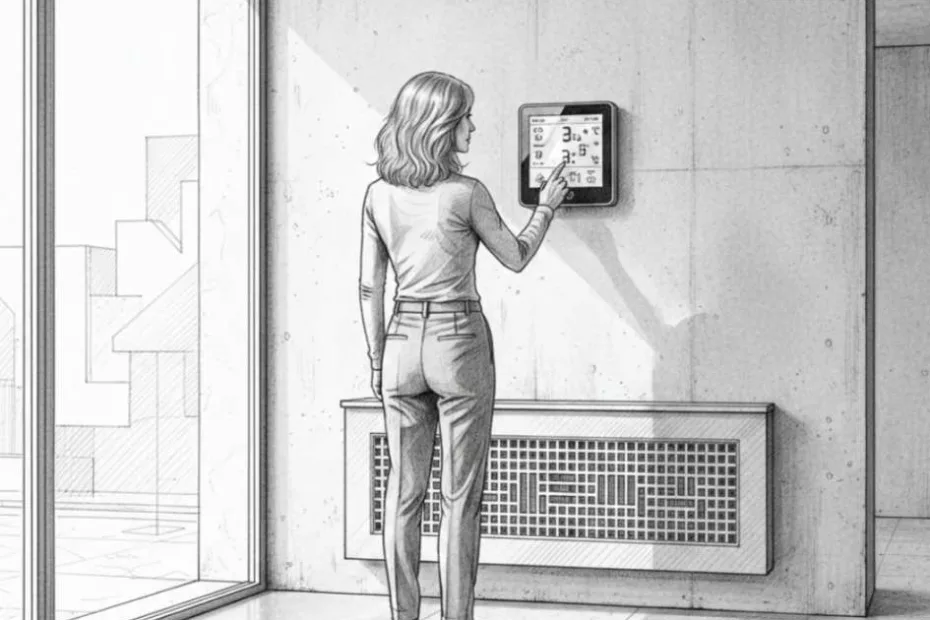 Kobieta obsługuje ścienny sterownik temperatury w nowoczesnym wnętrzu, przedstawiając praktyczne zastosowanie sterowników do ogrzewania podłogowego.