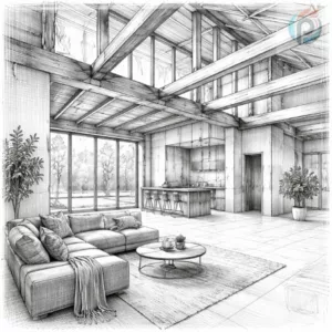 Nowoczesne wnętrze domu z dużą, masywną posadzką i otwartą przestrzenią dzienną, ilustrujące bezwładność cieplną w ogrzewaniu podłogowym oraz równomierne oddawanie ciepła przez podłogę.