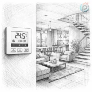 Nowoczesne wnętrze domu z widocznym sterownikiem ogrzewania podłogowego na ścianie – ilustracja wyjaśniająca, ile czasu nagrzewa się podłogówka i jak działa sterowanie temperaturą.