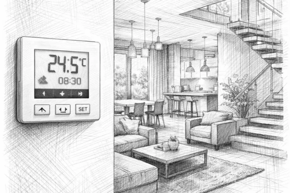 Nowoczesne wnętrze domu z widocznym sterownikiem ogrzewania podłogowego na ścianie – ilustracja wyjaśniająca, ile czasu nagrzewa się podłogówka i jak działa sterowanie temperaturą.
