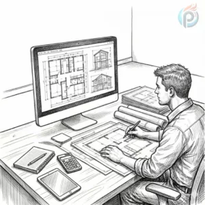 Kompleksowa wycena ogrzewania podłogowego wodnego – projektant analizuje rzut domu na ekranie i wykonuje obliczenia instalacji grzewczej przy biurku.