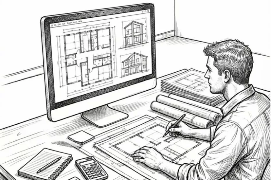 Kompleksowa wycena ogrzewania podłogowego wodnego – projektant analizuje rzut domu na ekranie i wykonuje obliczenia instalacji grzewczej przy biurku.