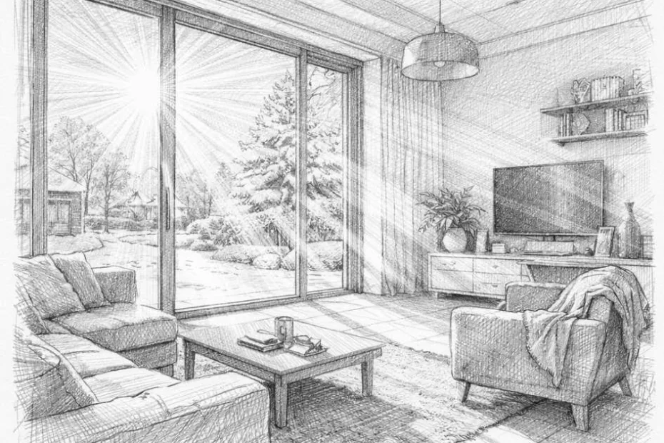 Ogrzewanie podłogowe a pasywne zyski ciepła – nowoczesny salon z dużym oknem tarasowym, przez które zimą wpadają promienie słoneczne ogrzewające wnętrze