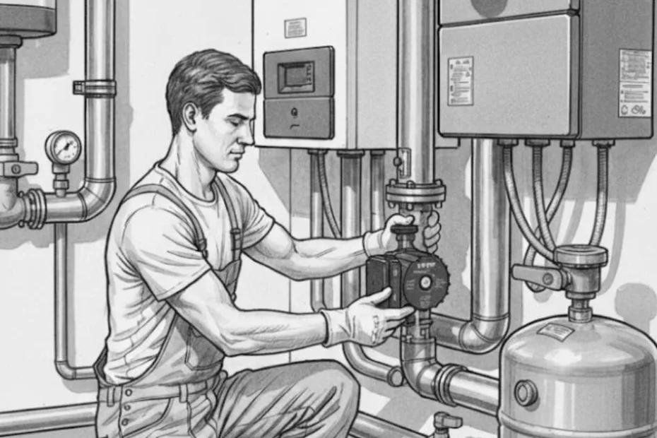 Pompa obiegowa w instalacji ogrzewania podłogowego – montaż i regulacja pompy cyrkulacyjnej przy rozdzielaczu i źródle ciepła w instalacji grzewczej.