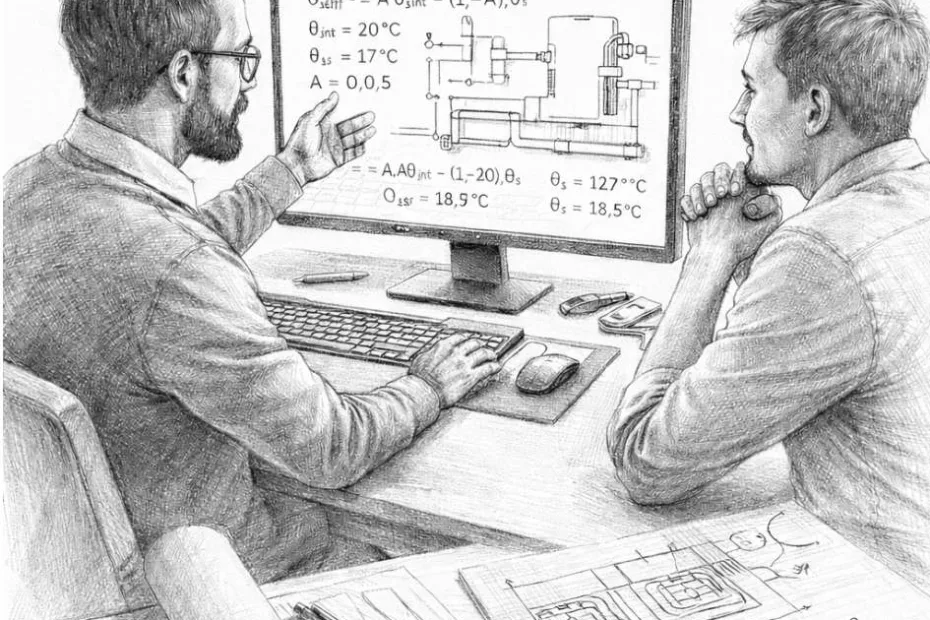 Projektant wyjaśnia klientowi normę PN-EN 12831 – klucz do efektywnego i komfortowego ogrzewania podłogowego, pokazując obliczenia temperatury efektywnej na monitorze komputera