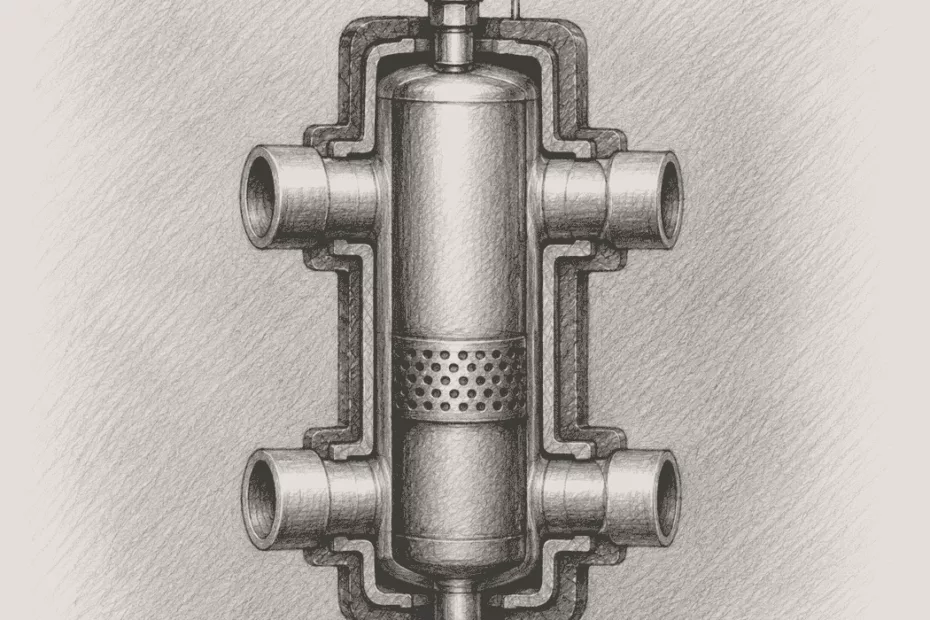 Sprzęgło hydrauliczne w instalacji ogrzewania podłogowego przedstawione na szczegółowym rysunku technicznym w przekroju, pokazującym budowę separatora hydraulicznego oraz jego najważniejsze elementy konstrukcyjne.
