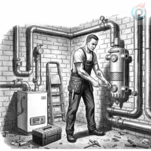 Sprzęgło hydrauliczne w instalacji ogrzewania podłogowego – montaż separatora hydraulicznego przy kotle w kotłowni, technik reguluje parametry pracy systemu