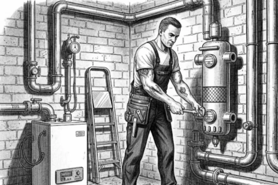 Sprzęgło hydrauliczne w instalacji ogrzewania podłogowego – montaż separatora hydraulicznego przy kotle w kotłowni, technik reguluje parametry pracy systemu