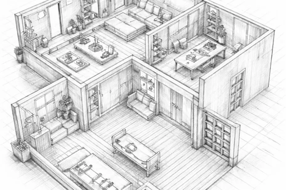 Sterowanie strefowe ogrzewaniem w nowoczesnym domu – trójwymiarowy szkic wnętrza z podziałem na pomieszczenia i strefy ogrzewania podłogowego, widok z góry