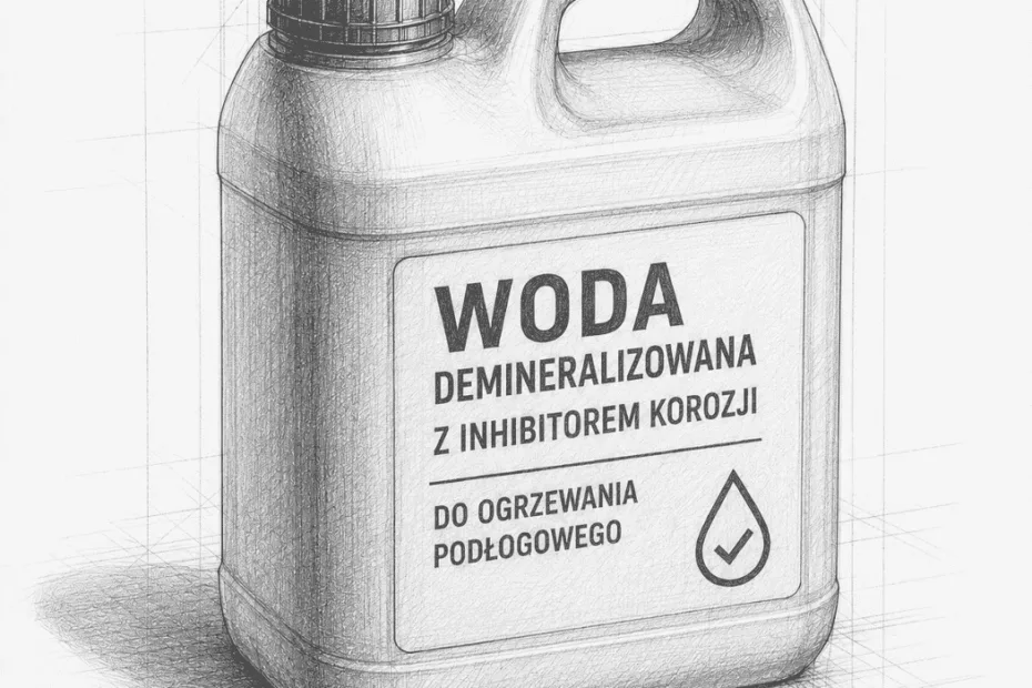 Woda demineralizowana z inhibitorem korozji do ogrzewania podłogowego – techniczny szkic ołówkiem przedstawiający pojemnik z wodą grzewczą przeznaczoną do instalacji ogrzewania podłogowego. Grafika prezentuje produkt stosowany do ochrony instalacji przed korozją, osadami i kamieniem kotłowym.
