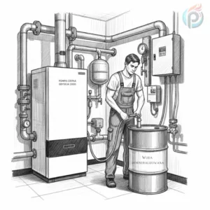 Instalator napełniający instalację grzewczą wodą demineralizowaną z inhibitorem korozji do ogrzewania podłogowego w kotłowni z pompą ciepła i rozbudowaną instalacją hydrauliczną.