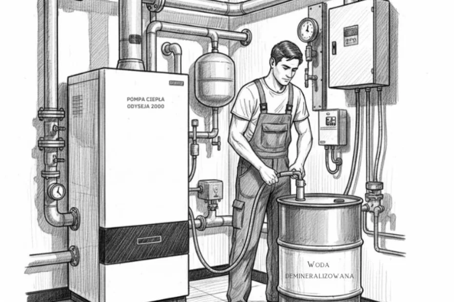 Instalator napełniający instalację grzewczą wodą demineralizowaną z inhibitorem korozji do ogrzewania podłogowego w kotłowni z pompą ciepła i rozbudowaną instalacją hydrauliczną.