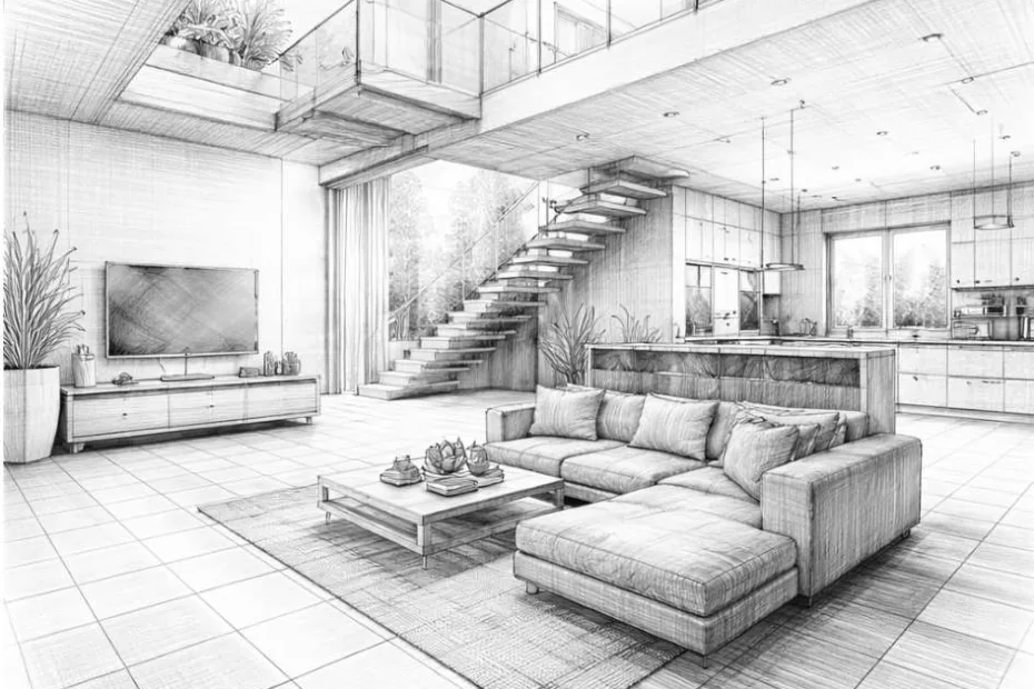 Wylewka betonowa na ogrzewanie podłogowe w nowoczesnym domu – ultraszczegółowy szkic ołówkiem przedstawiający jednolitą podłogę i otwartą przestrzeń mieszkalną