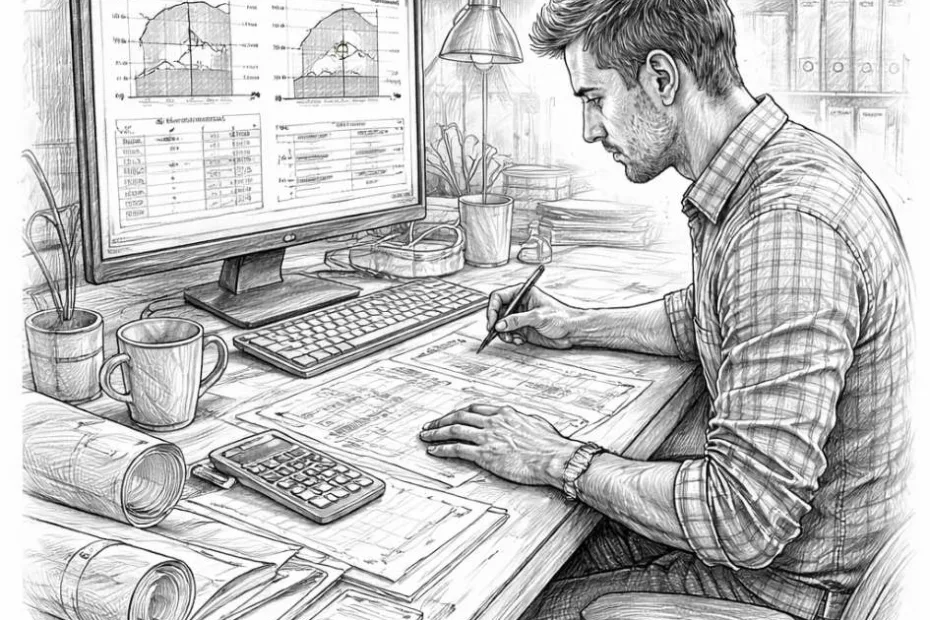 Bilans cieplny budynku – inżynier wykonujący obliczenia strat i zysków ciepła przy biurku z komputerem, ilustracja pokazująca fundament efektywności energetycznej i komfortu domu