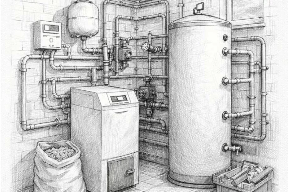 Bufor ciepła w ogrzewaniu podłogowym przedstawiony w kotłowni domu jednorodzinnego – trójwymiarowy szkic instalacji grzewczej z widocznym zbiornikiem buforowym i armaturą