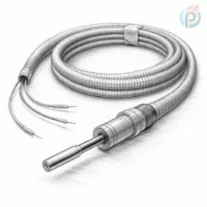 Czujnik podłogowy do ogrzewania podłogowego – precyzyjna sonda temperatury NTC w peszlu, techniczny szkic 3D