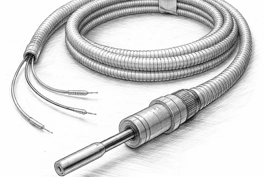 Czujnik podłogowy do ogrzewania podłogowego – precyzyjna sonda temperatury NTC w peszlu, techniczny szkic 3D