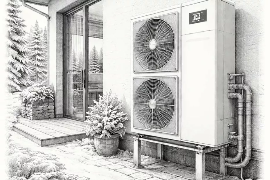 Czy pompa ciepła ogrzeje dom z podłogówką – pompa ciepła powietrze–woda zamontowana na zewnętrznej ścianie nowoczesnego domu zimą
