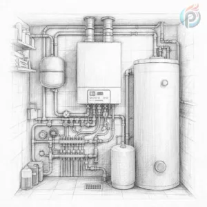 Kocioł gazowy w ogrzewaniu podłogowym – nowoczesna kotłownia z kotłem kondensacyjnym, rozdzielaczem i instalacją grzewczą, szkic techniczny 3D