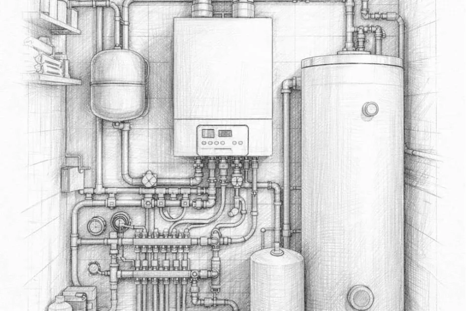 Kocioł gazowy w ogrzewaniu podłogowym – nowoczesna kotłownia z kotłem kondensacyjnym, rozdzielaczem i instalacją grzewczą, szkic techniczny 3D