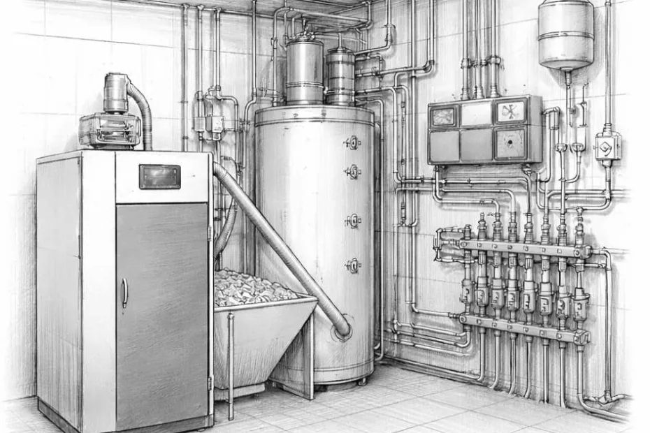 Kocioł na pellet w nowoczesnej kotłowni – trójwymiarowy szkic ołówkiem przedstawiający kompletną instalację grzewczą z buforem ciepła i automatyką