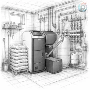 Kotły na paliwa stałe w ogrzewaniu podłogowym – wnętrze kotłowni domowej z kotłem na ekogroszek, buforem ciepła i instalacją hydrauliczną