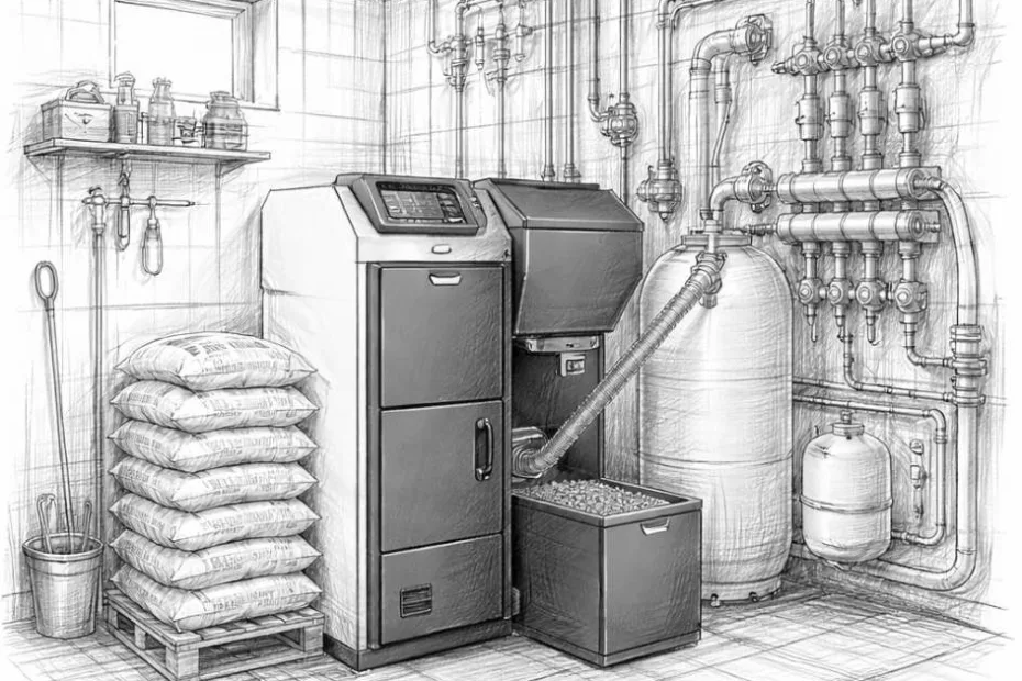 Kotły na paliwa stałe w ogrzewaniu podłogowym – wnętrze kotłowni domowej z kotłem na ekogroszek, buforem ciepła i instalacją hydrauliczną