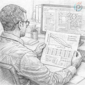 Projektant instalacji widziany od tyłu przy komputerze, analizujący krzywą grzewczą w ogrzewaniu podłogowym na wykresie oraz zestawienie techniczne systemu grzewczego.