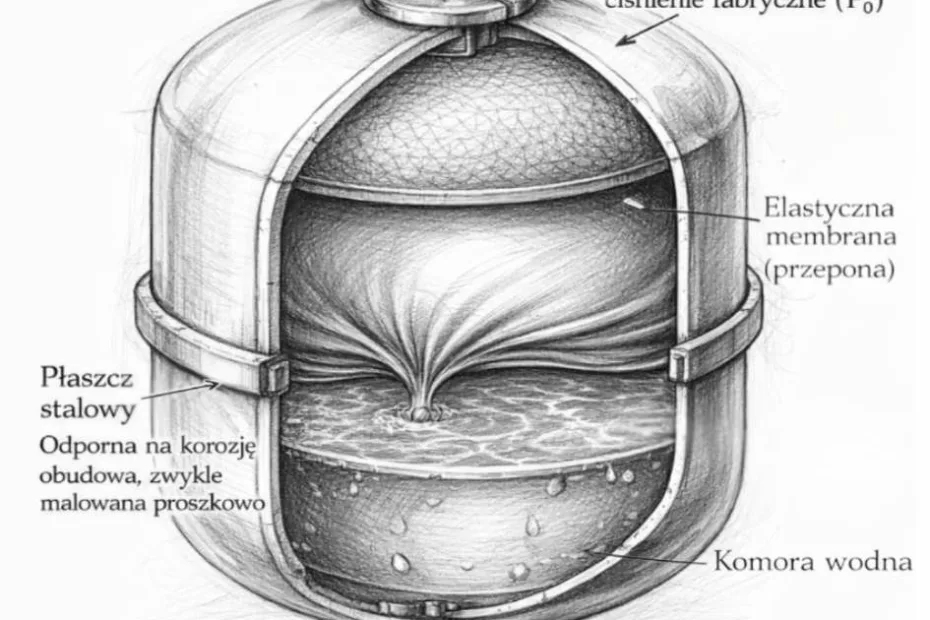 Naczynie wzbiorcze – niezastąpiony strażnik bezpieczeństwa ogrzewania podłogowego, przekrój techniczny z widoczną membraną, komorą gazową i wodną