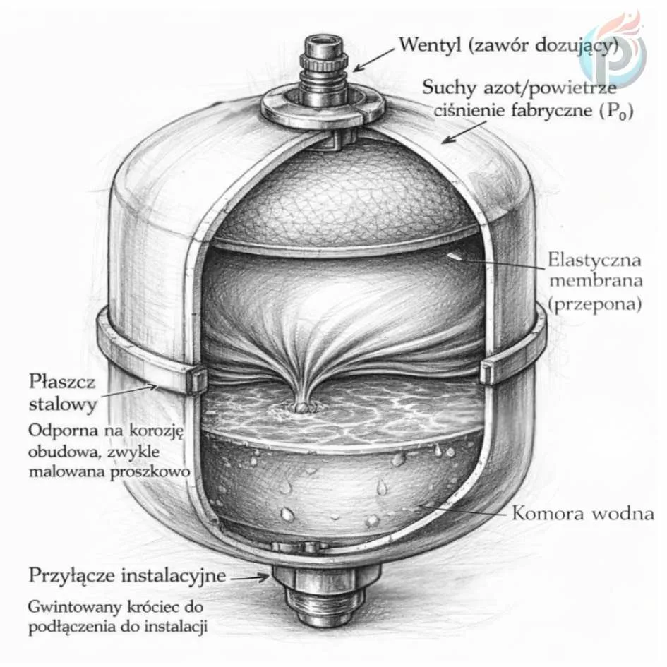 Naczynie wzbiorcze – niezastąpiony strażnik bezpieczeństwa ogrzewania podłogowego, przekrój techniczny z widoczną membraną, komorą gazową i wodną