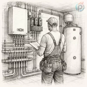 Obieg grzewczy w wodnym ogrzewaniu podłogowym – instalator analizujący układ hydrauliczny nowoczesnej kotłowni w domu jednorodzinnym