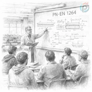 Profesor wyjaśnia studentom zagadnienia projektowe związane z normą PN-EN 1264 podczas wykładu o ogrzewaniu podłogowym