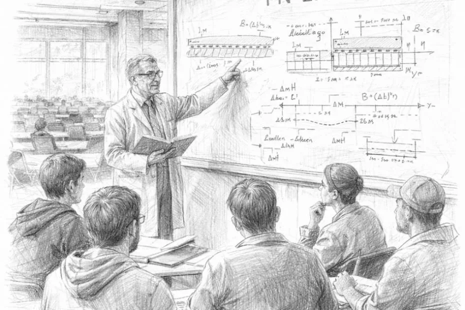 Profesor wyjaśnia studentom zagadnienia projektowe związane z normą PN-EN 1264 podczas wykładu o ogrzewaniu podłogowym